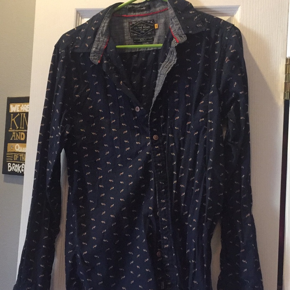 Navy button up with small foxes!
